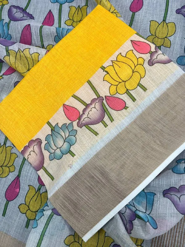 Colourful_Premium_Linen_Cotton_Saree_With_Golden_Zari_Border_Saree_And_Blouse_For_Women