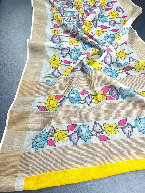 Colourful_Premium_Linen_Cotton_Saree_With_Golden_Zari_Border_Saree_And_Blouse_For_Women