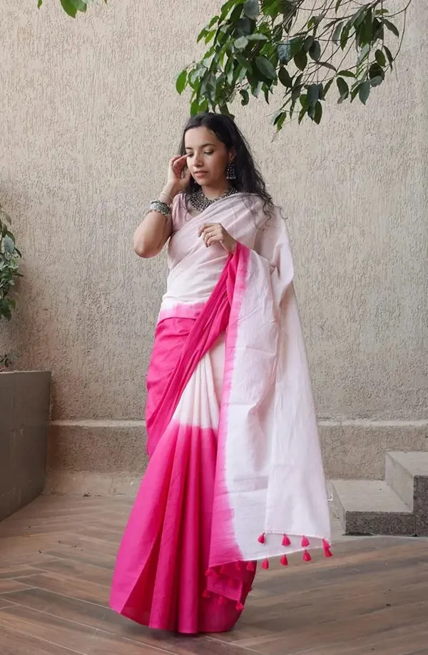 White_&_Pink_Premium_Soft_linen_Cotton_Saree_For_Women