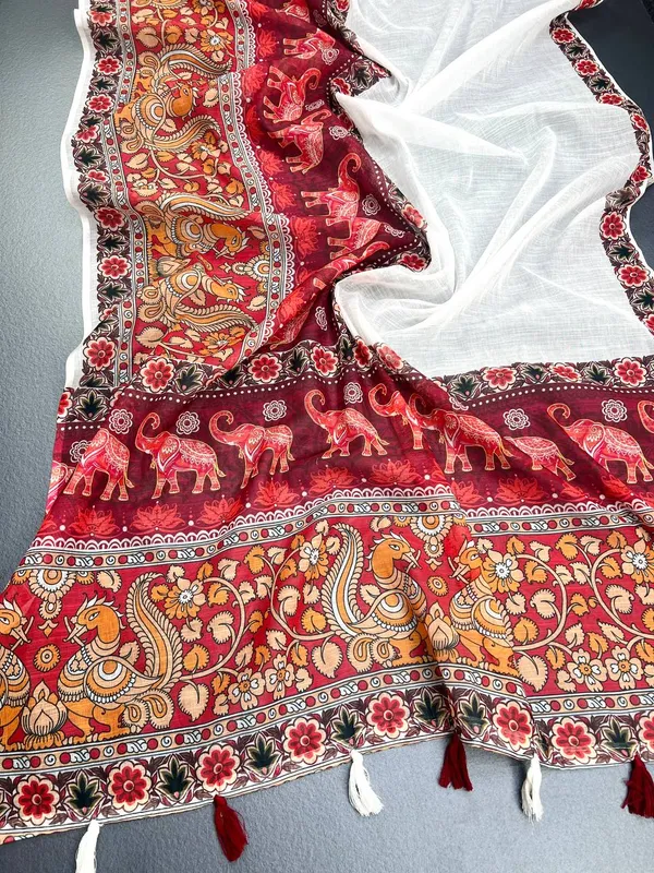 Red_&_white_Premium_Linen_Cotton_Saree_With_Tassels_With_Blouse_For_Women