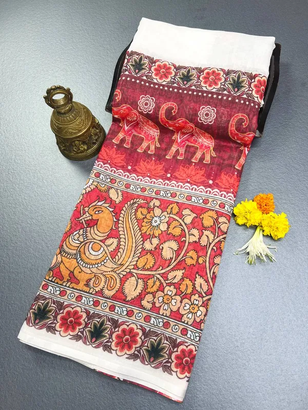 Red_&_white_Premium_Linen_Cotton_Saree_With_Tassels_With_Blouse_For_Women