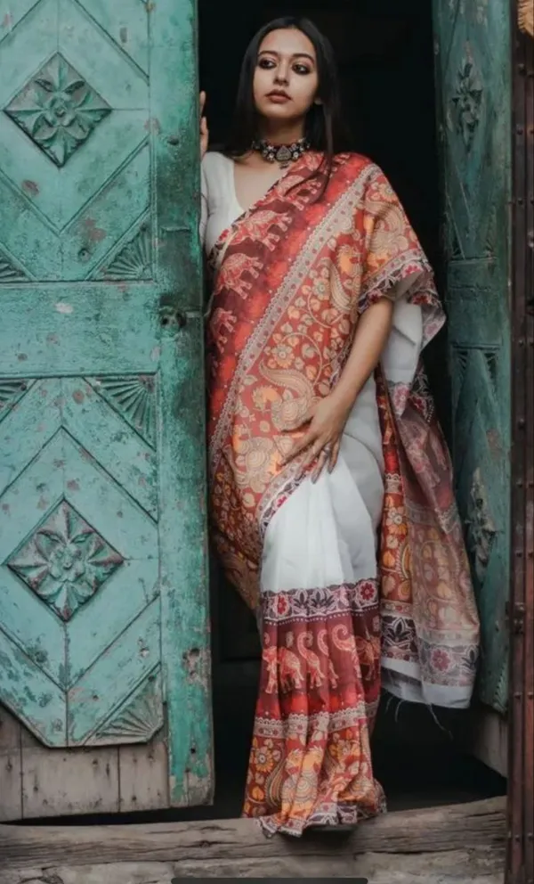 Red_&_white_Premium_Linen_Cotton_Saree_With_Tassels_With_Blouse_For_Women