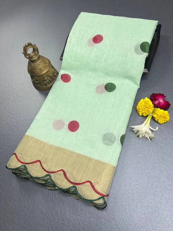 Light_Blue_Premium_Linen_Cotton_Saree_With_Cut_Work_Border_With_Golden_Zari_Border_With_Blouse_For_Women