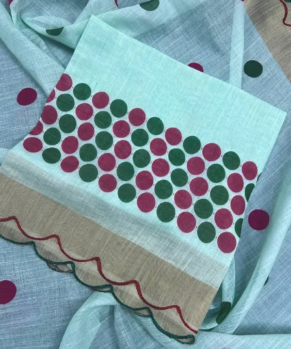 Light_Blue_Premium_Linen_Cotton_Saree_With_Cut_Work_Border_With_Golden_Zari_Border_With_Blouse_For_Women