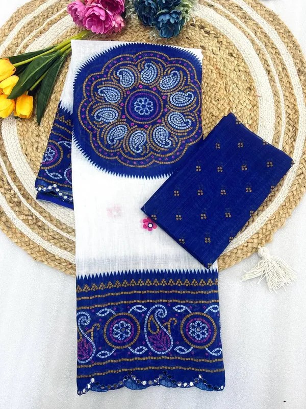 White_&_Blue_Premium_Soft_linen_Cotton_Saree_For_Women