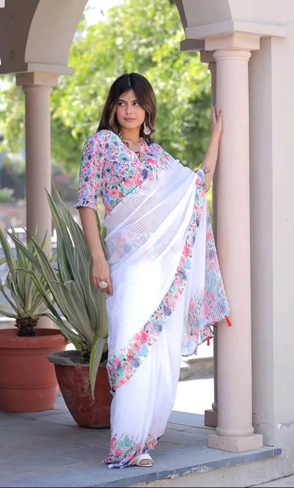 White_Premium_Soft_linen_Cotton_Saree_For_Women