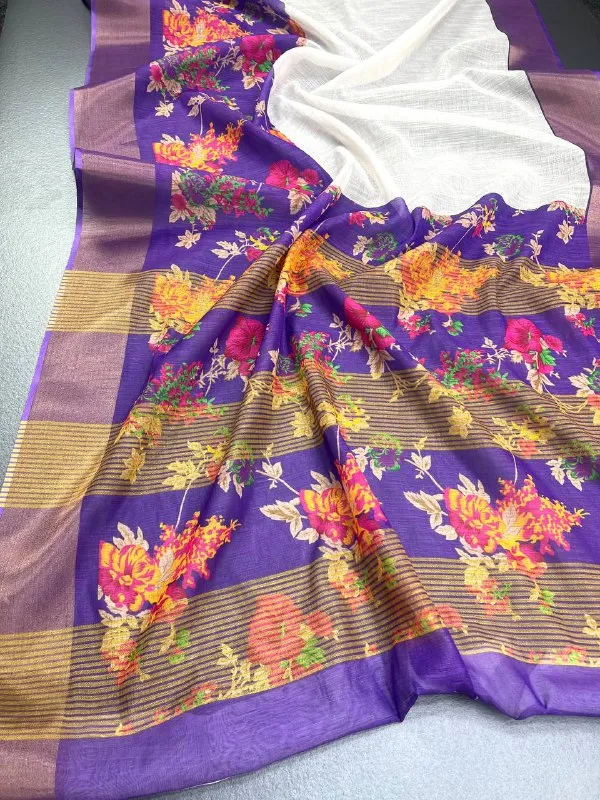 Purple_&__White_Premium_Linen_Cotton_Saree_With_Golden_Zari_Border_With_Blouse_For_Women