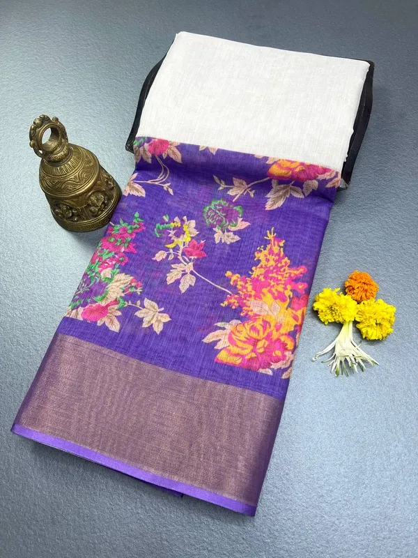 Purple_&__White_Premium_Linen_Cotton_Saree_With_Golden_Zari_Border_With_Blouse_For_Women