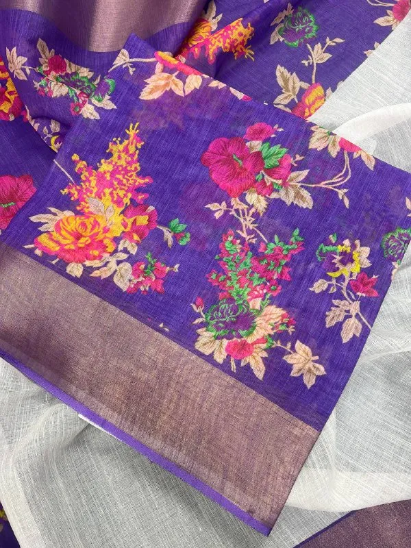 Purple_&__White_Premium_Linen_Cotton_Saree_With_Golden_Zari_Border_With_Blouse_For_Women