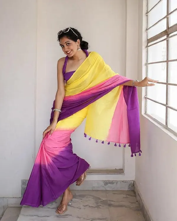 Multicolour_Premium_Linen_Cotton_Saree_With_Tassels_With_Blouse_For_Women