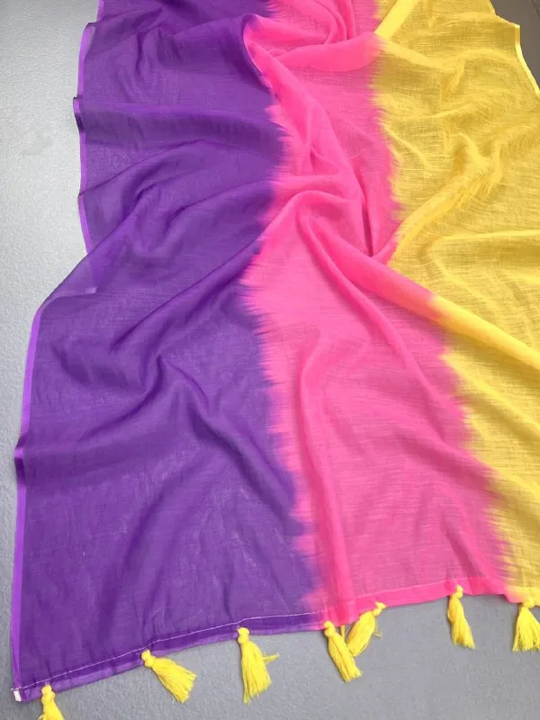 Multicolour_Premium_Linen_Cotton_Saree_With_Tassels_With_Blouse_For_Women