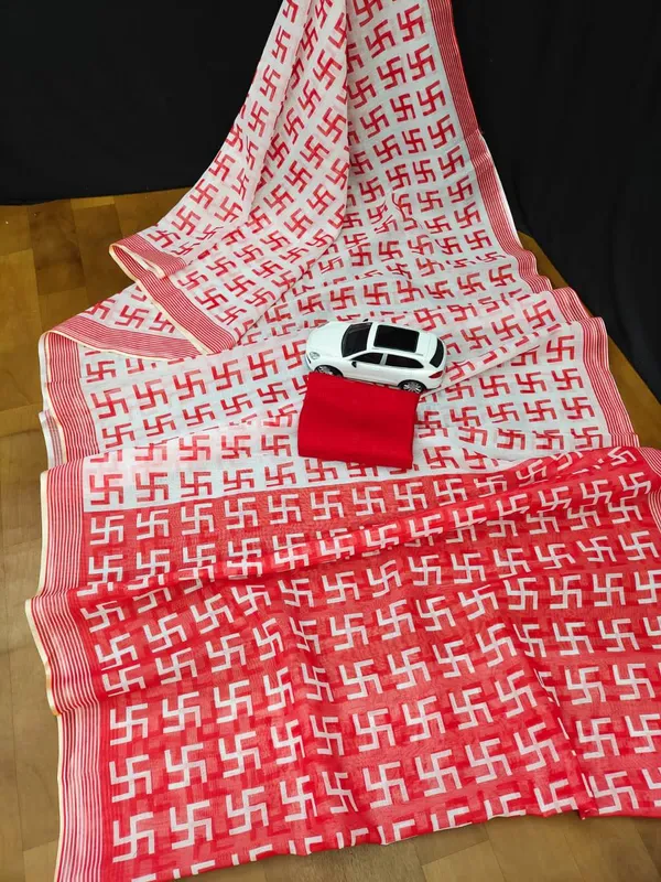 White_&_Red_Premium_Soft_linen_Cotton_Saree_For_Women
