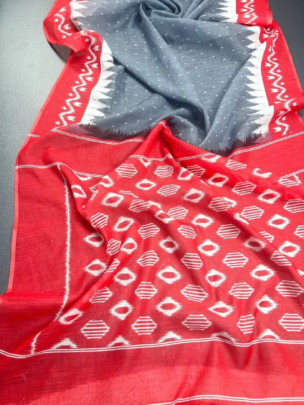Grey_&_Red_Premium_Linen_Cotton_Saree_With_Blouse_For_Women