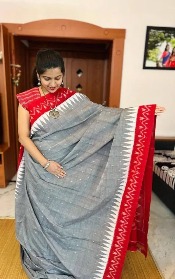 Grey_&_Red_Premium_Linen_Cotton_Saree_With_Blouse_For_Women