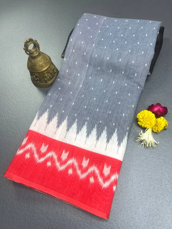 Grey_&_Red_Premium_Linen_Cotton_Saree_With_Blouse_For_Women