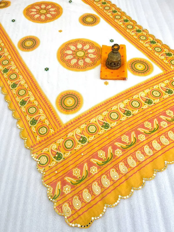 White_&_Yellow_Premium_Soft_linen_Cotton_Saree_For_Women