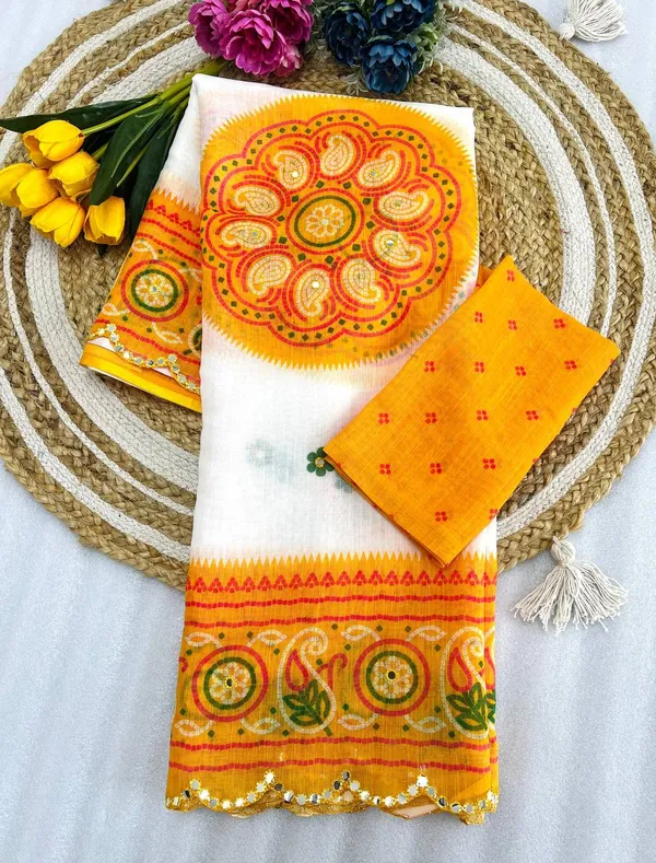 White_&_Yellow_Premium_Soft_linen_Cotton_Saree_For_Women