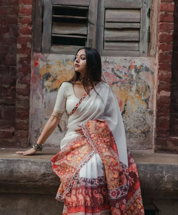 White_&_Rust_Premium_Soft_linen_Cotton_Saree_For_Women
