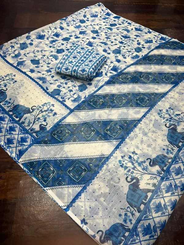 White_&_Blue_Premium_Soft_linen_Cotton_Saree_For_Women
