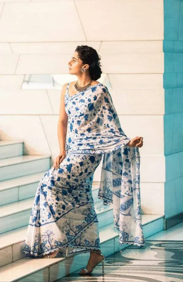 White_&_Blue_Premium_Soft_linen_Cotton_Saree_For_Women