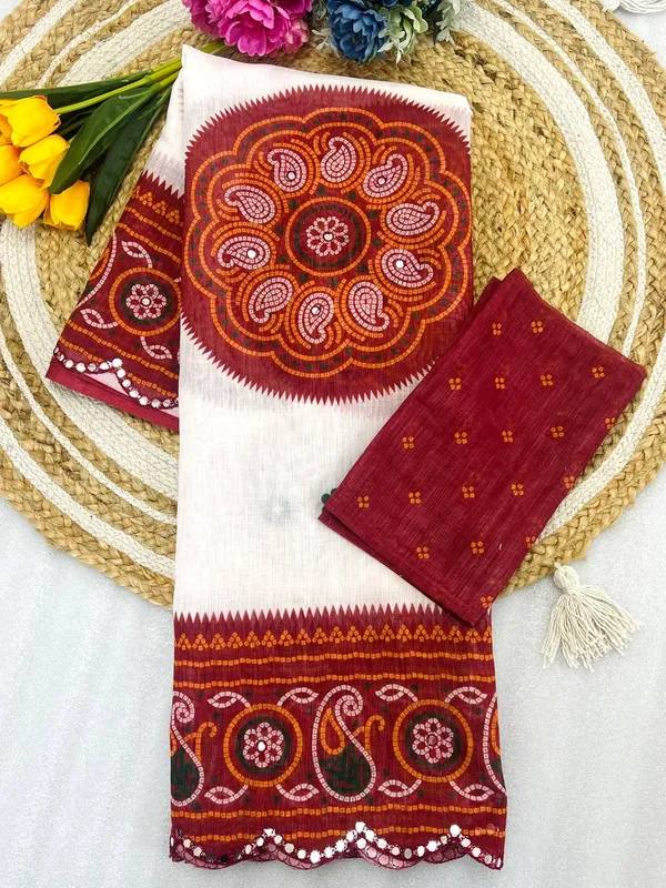 White_&_Maroon_Premium_Soft_linen_Cotton_Saree_For_Women