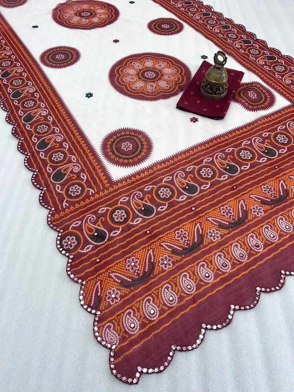 White_&_Maroon_Premium_Soft_linen_Cotton_Saree_For_Women