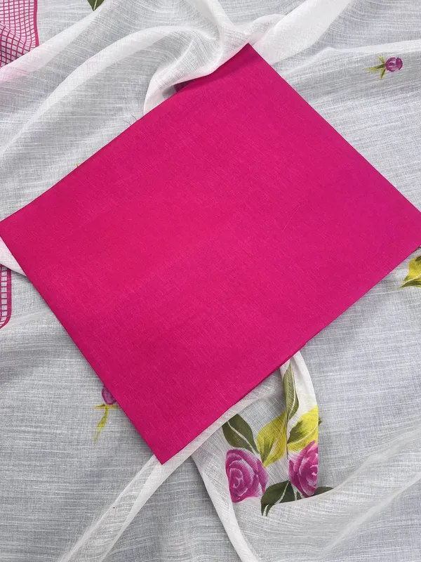White_&_Pink_Rose_Premium_Linen_Cotton_Saree_With_Blouse_For_Women