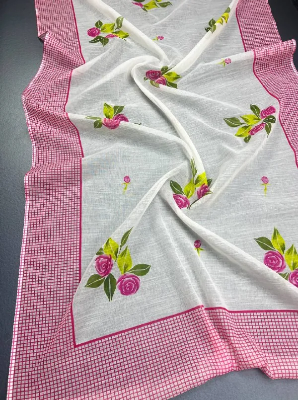 White_&_Pink_Rose_Premium_Linen_Cotton_Saree_With_Blouse_For_Women