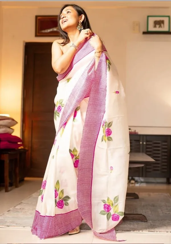 White_&_Pink_Rose_Premium_Linen_Cotton_Saree_With_Blouse_For_Women