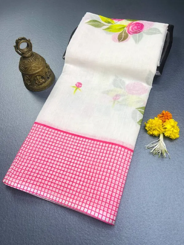 White_&_Pink_Rose_Premium_Linen_Cotton_Saree_With_Blouse_For_Women