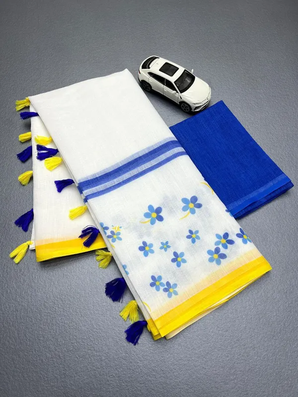 BEAUTIFUL_Yellow_Colour_Border_With_Blue_Colour_Flower_Design__Premium_Saree