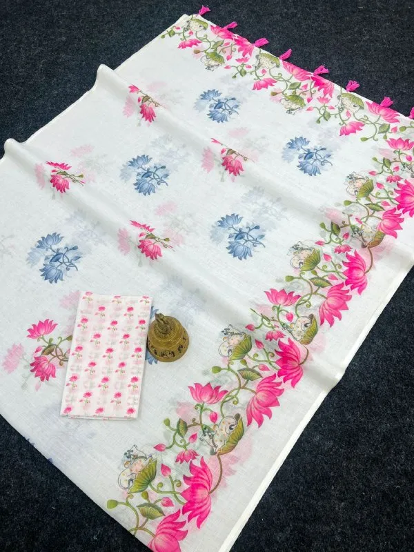 White_Soft_Linen_Cotton_Saree_For_Women