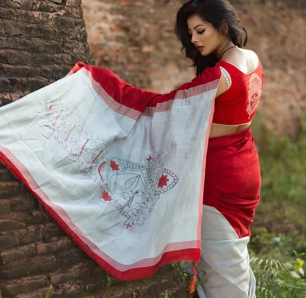 RED_&_WHITE_Colour__soft_linen_cotton_saree_With_Beautiful_Blouse