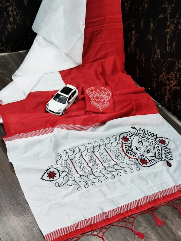 RED_&_WHITE_Colour__soft_linen_cotton_saree_With_Beautiful_Blouse
