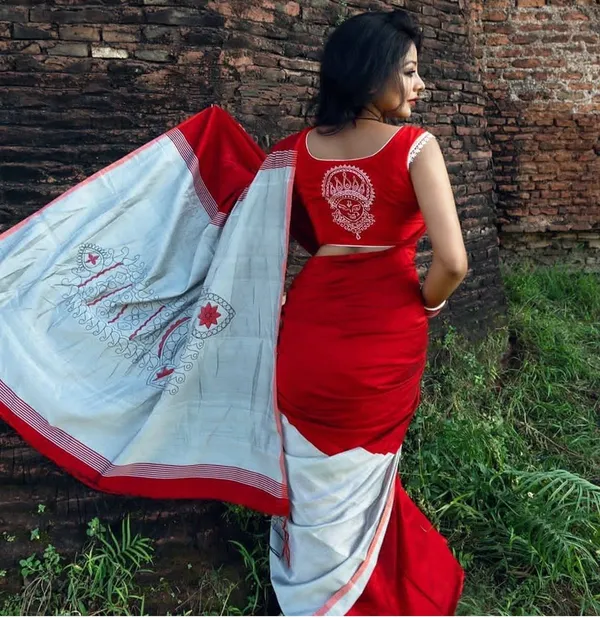 RED_&_WHITE_Colour__soft_linen_cotton_saree_With_Beautiful_Blouse