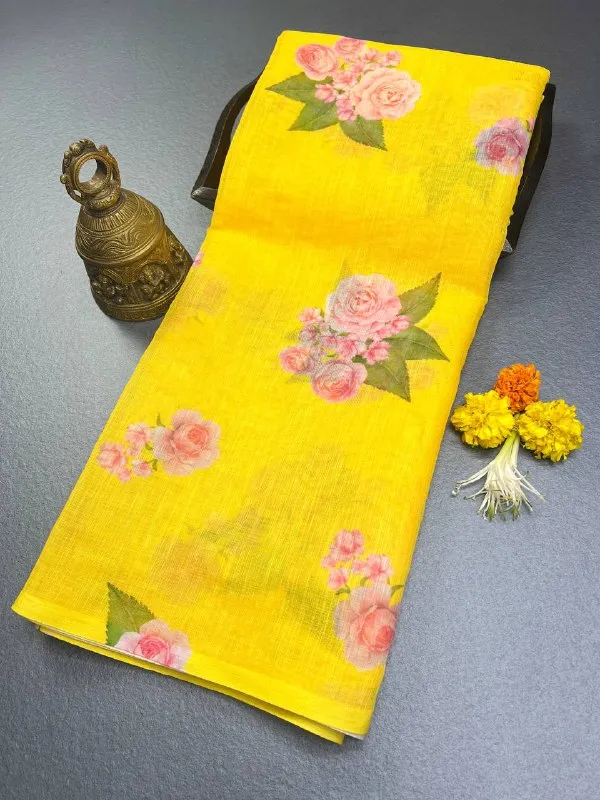 Yellow_Premium_Linen_Cotton_Saree_With_Blouse_For_Women