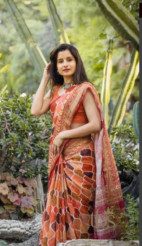 Orange_Premium_Linen_Cotton_Saree_With_Blouse_For_Women