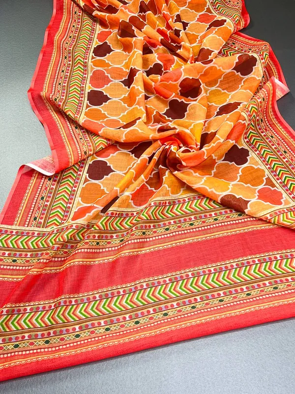 Orange_Premium_Linen_Cotton_Saree_With_Blouse_For_Women