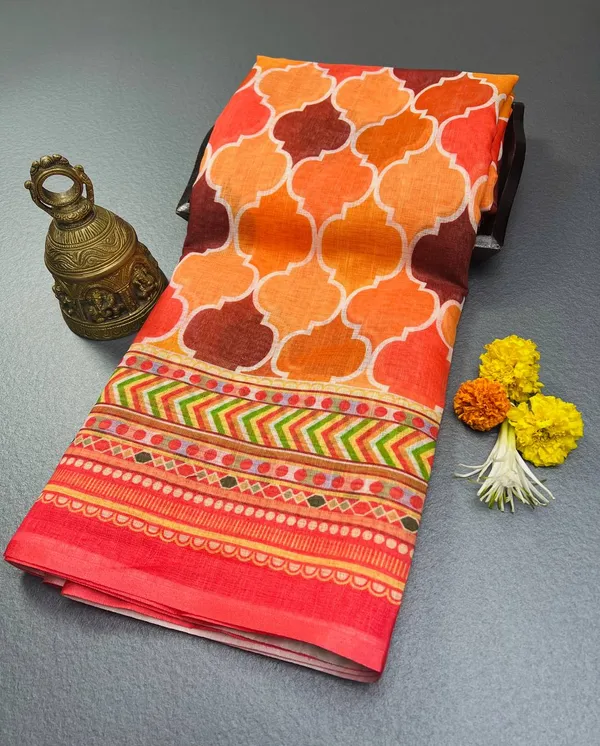 Orange_Premium_Linen_Cotton_Saree_With_Blouse_For_Women