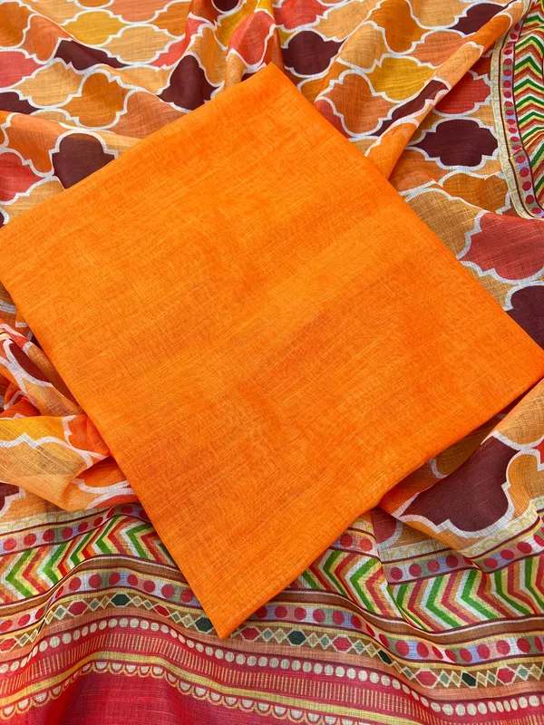 Orange_Premium_Linen_Cotton_Saree_With_Blouse_For_Women