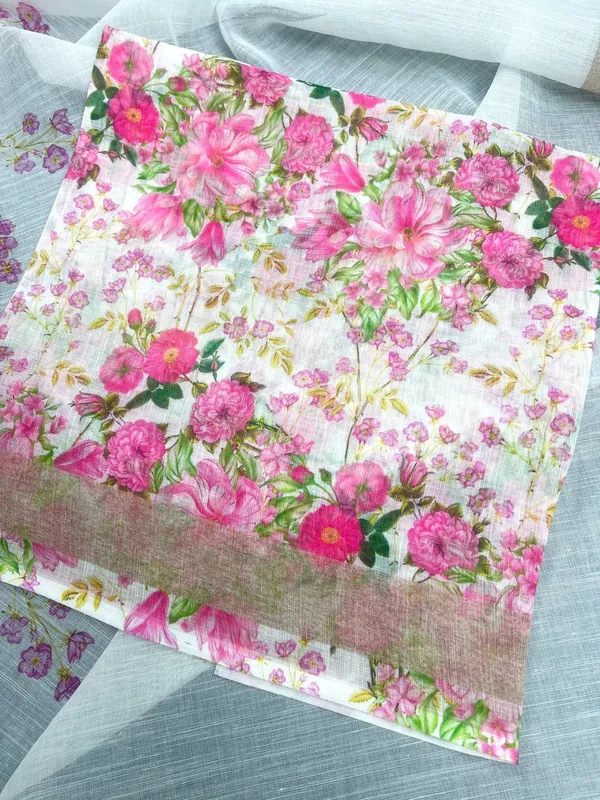 White_&_Light_Pink_Premium_Linen_Cotton_Saree_With_Blouse_For_Women
