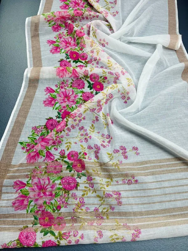White_&_Light_Pink_Premium_Linen_Cotton_Saree_With_Blouse_For_Women
