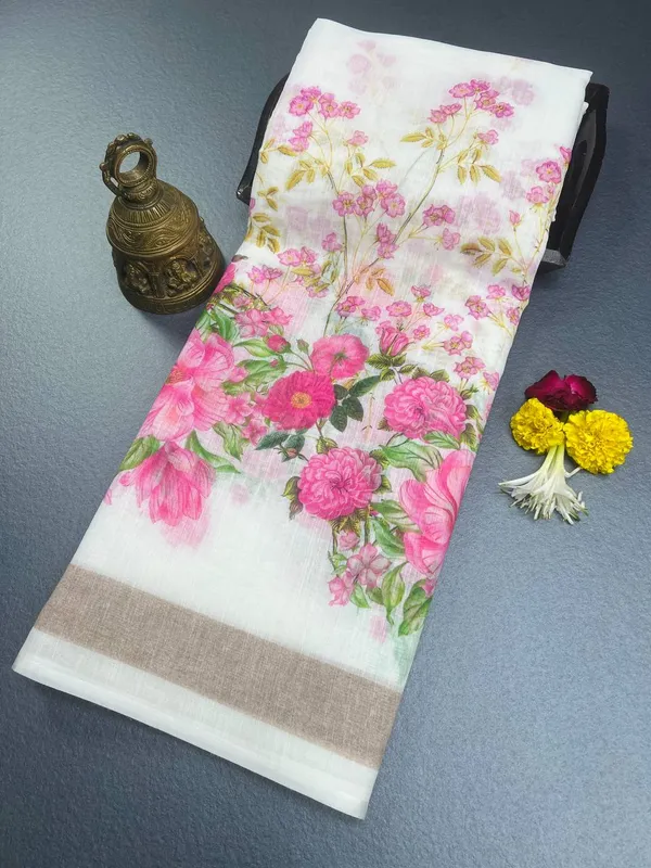 White_&_Light_Pink_Premium_Linen_Cotton_Saree_With_Blouse_For_Women