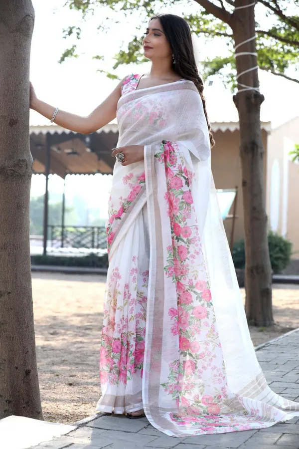 White_&_Light_Pink_Premium_Linen_Cotton_Saree_With_Blouse_For_Women