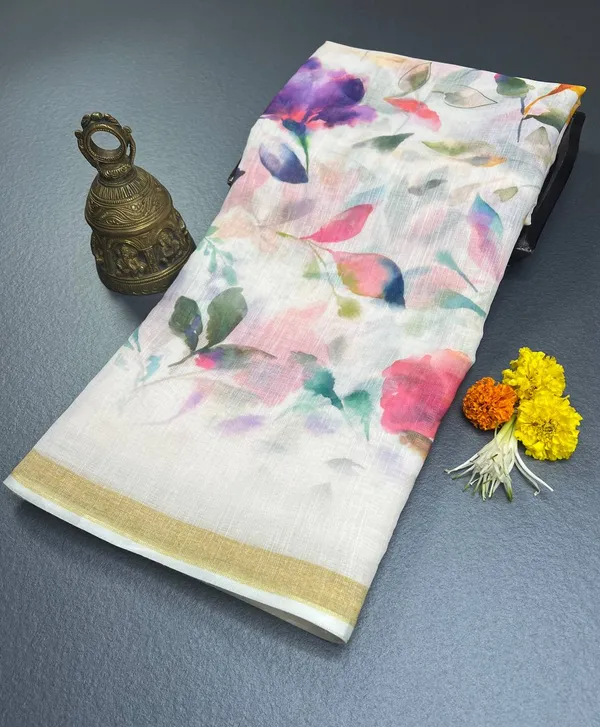 White_Premium_Linen_Cotton_Saree_With_Blouse_For_Women