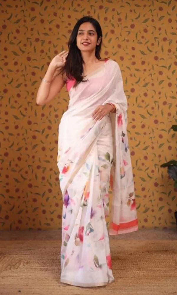 White_Premium_Linen_Cotton_Saree_With_Blouse_For_Women