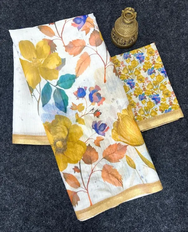 White_&_Yellow_Premium_Soft_linen_Cotton_Saree_For_Women