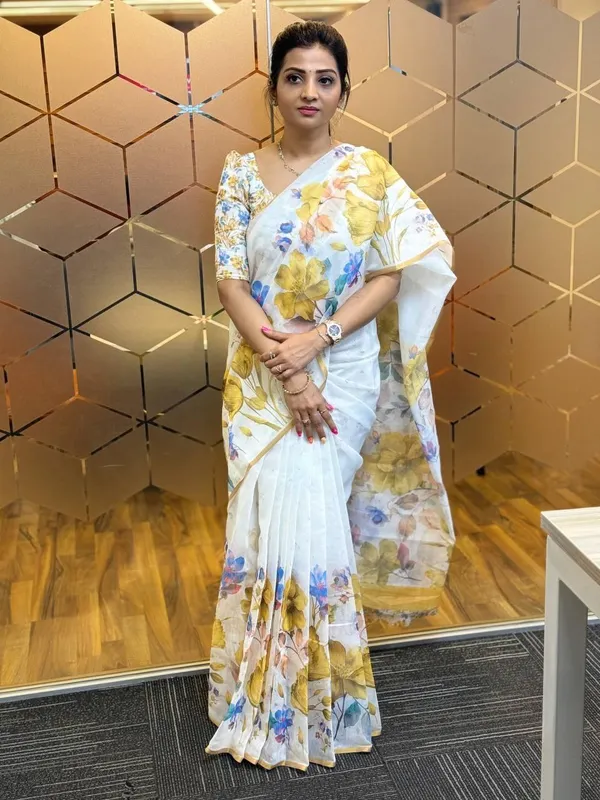 White_&_Yellow_Premium_Soft_linen_Cotton_Saree_For_Women