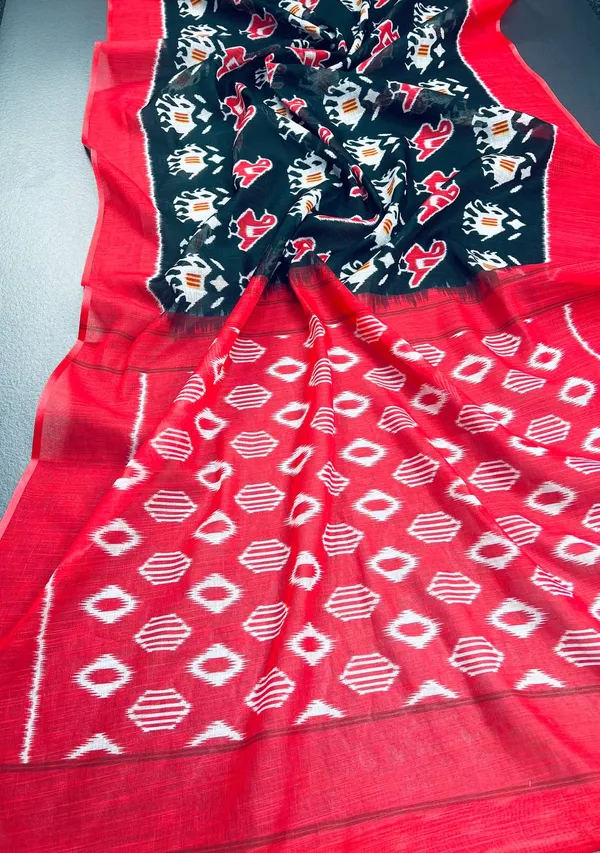 Black_&_Red_Combine_Premium_Linen_Cotton_Saree_With_Blouse_For_Women