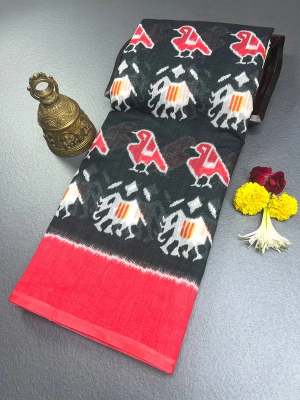 Black_&_Red_Combine_Premium_Linen_Cotton_Saree_With_Blouse_For_Women